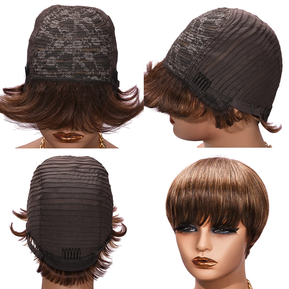 Wig Pixcut sorot Pixie Cut Wig rambut manusia untuk wanita Peruvian Non-Remy mesin penuh dibuat Wig lurus tanpa lem HairUGo