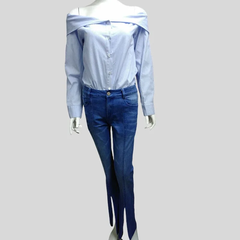 

Новинка ранней осени: женский модный комплект — джинсы-клеш с широкими штанинами, разрезами и эффектом «клеш», светло-голубые длинные брюки в уличном стиле