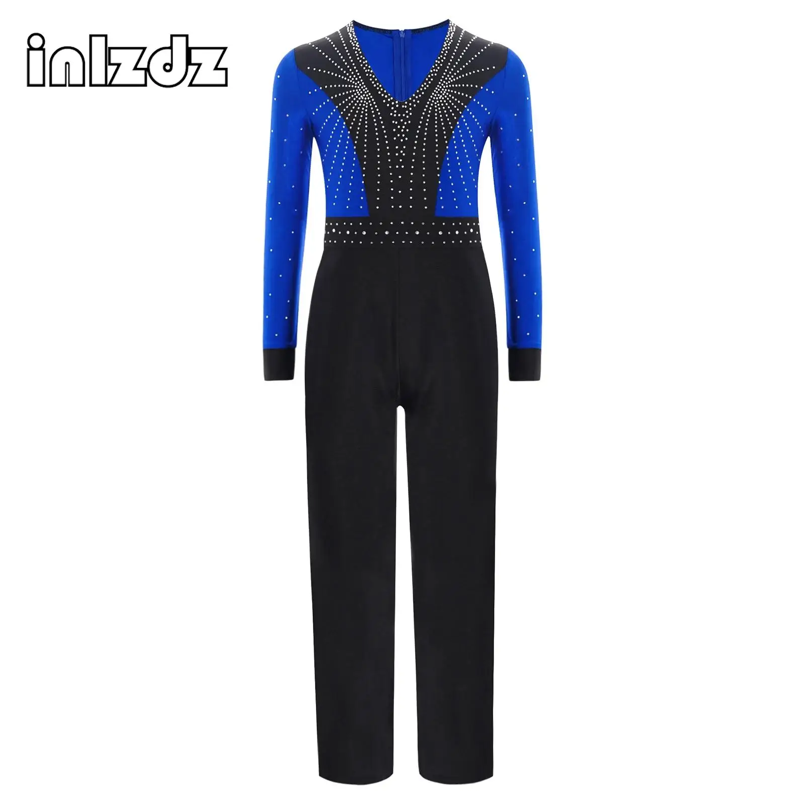 

Kids Boy Figure Skating Jumpsuit Ballroom Salsa Latin Dancing Performance Costume Long Sleeve Rhinestone Full Bodysuit Dancewear