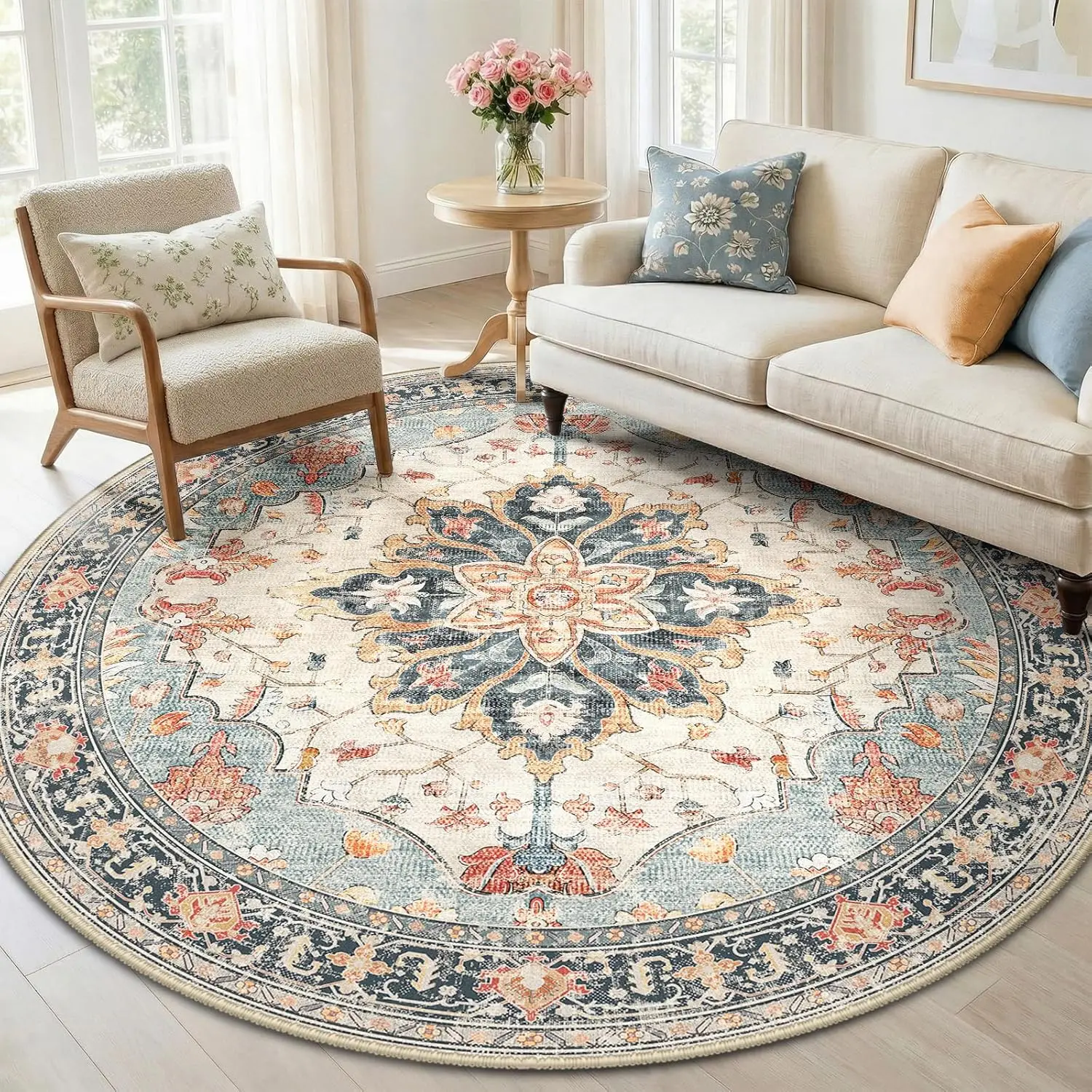 

Classic Persian Medallion Round Rug Blue Beige and Coral for Traditional Living Space