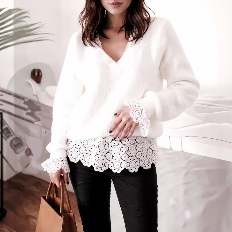 

Sexy Lace Patchwork Solid White Sweater Tops Winter Women Casual Long Sleeve Loose Jumper Autumn Elegant V-neck Knitted Pullover