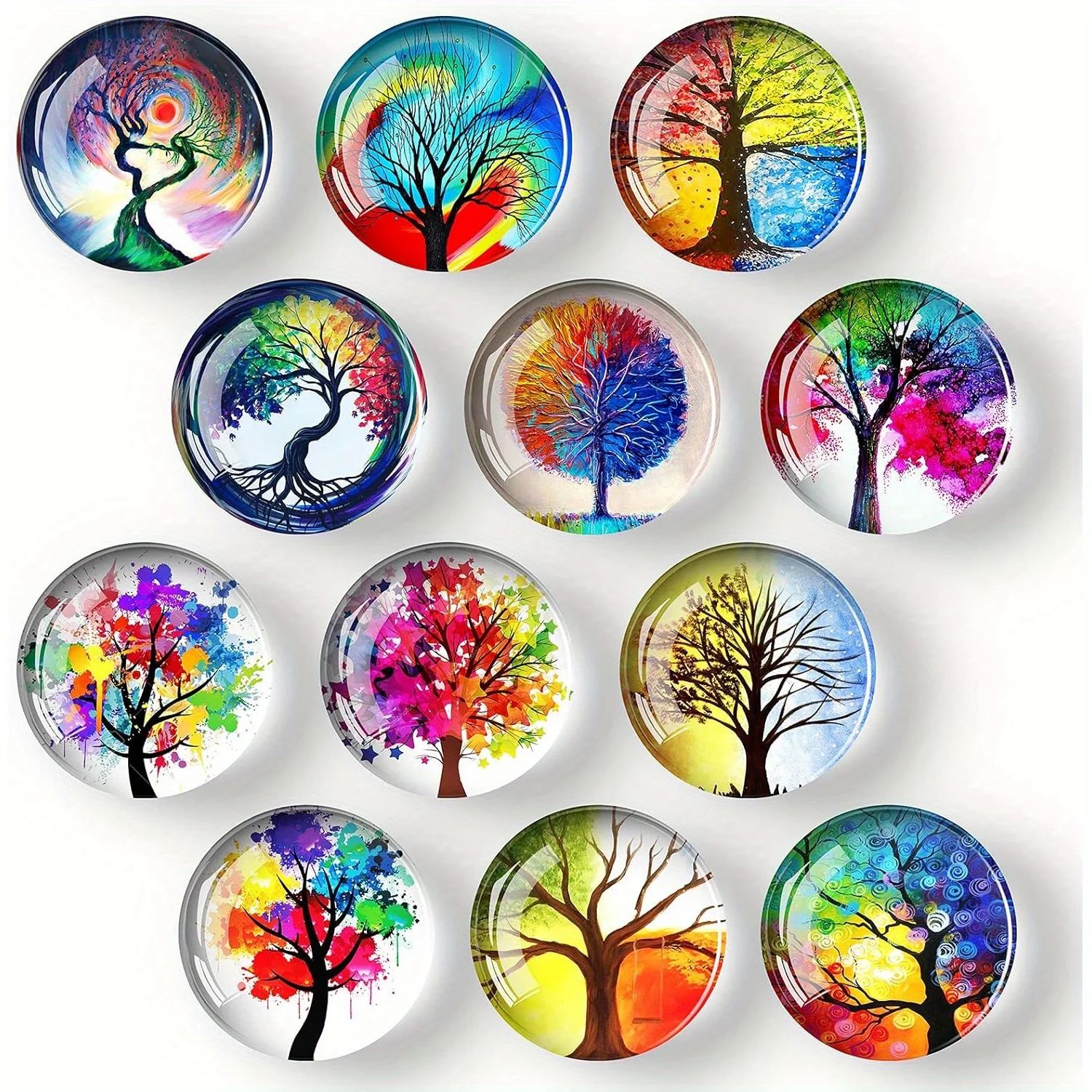 12Pcs Glass Strong Magnetic Refrigerator Magnet Fridge Sticker - Round Life Tree Glass Fridge Decoration, Office Whiteboard Magn