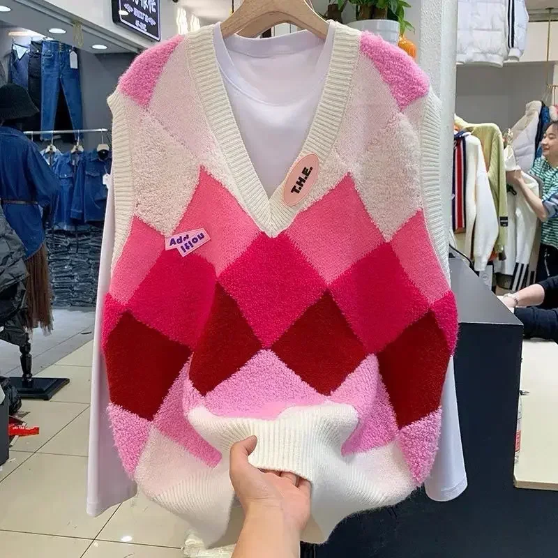 Sweter damski kamizelka z dzianiny odzież w stylu koreańskim sweter damski sweter z dekoltem w serek na co dzień lekka ciepła klasyczna gładka kamizelka Y2k