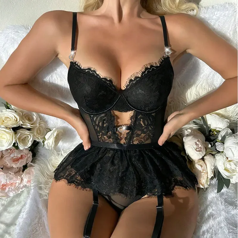 Bra Set Floral Exotic Sheer Lace Sexy Lingerie For Woman Transparent Porno Sexual Clothing Babydoll Teddy Dress Sexiest Nighties