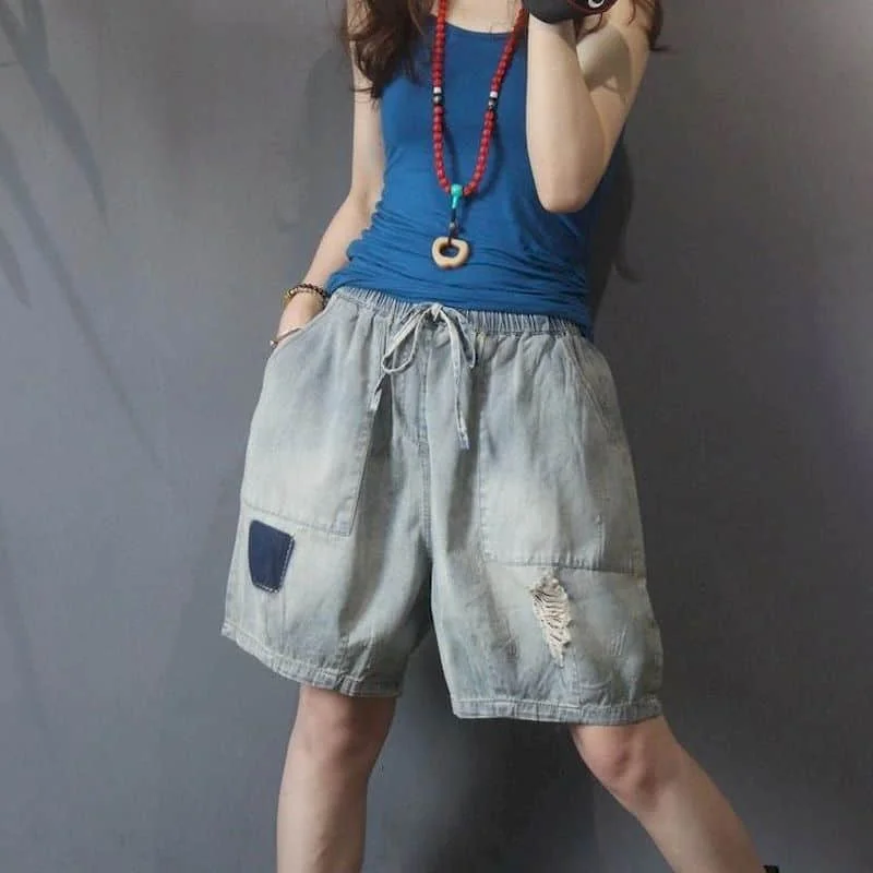 Denim Shorts for Women Patchwork Distress 2026 Summer Wear Vintage Elastic Waist Harem Pants Casual Loose Jeans Women Clothing