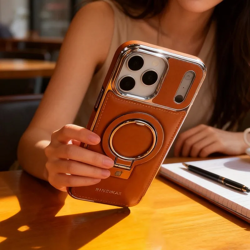 

Магнитный чехол-подставка из металла для iPhone 17 Pro Max 17Pro с беспроводной зарядкой, премиум-кожа, защита камеры