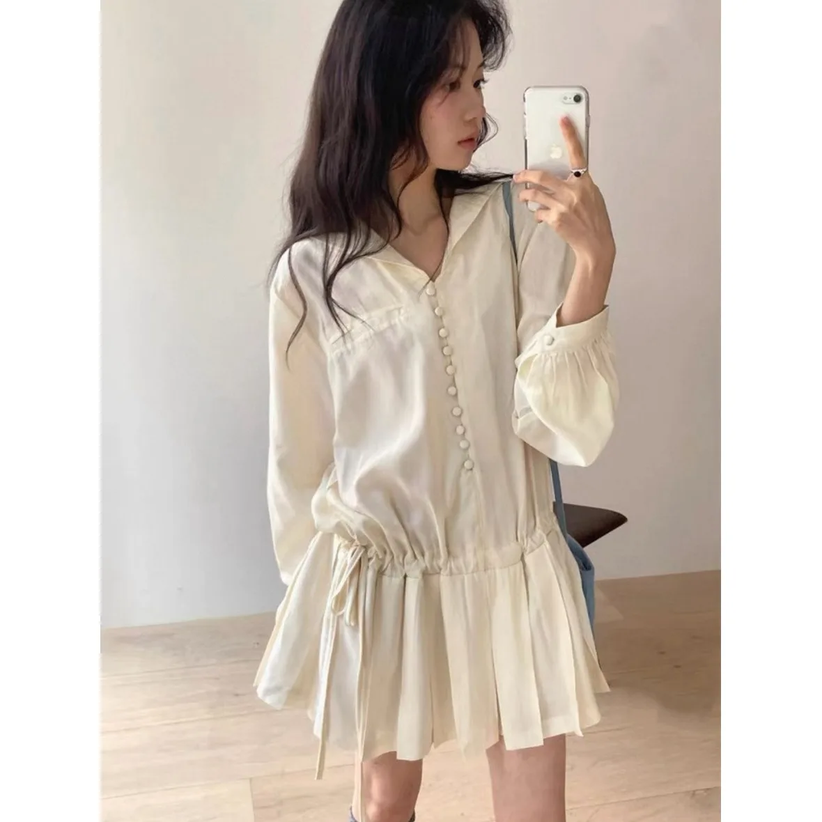 Elegant Slimming Pleated Drawstring High Waist Korean Style Long Sleeve Midi Dress Versatile Casual Wear for Young Women
