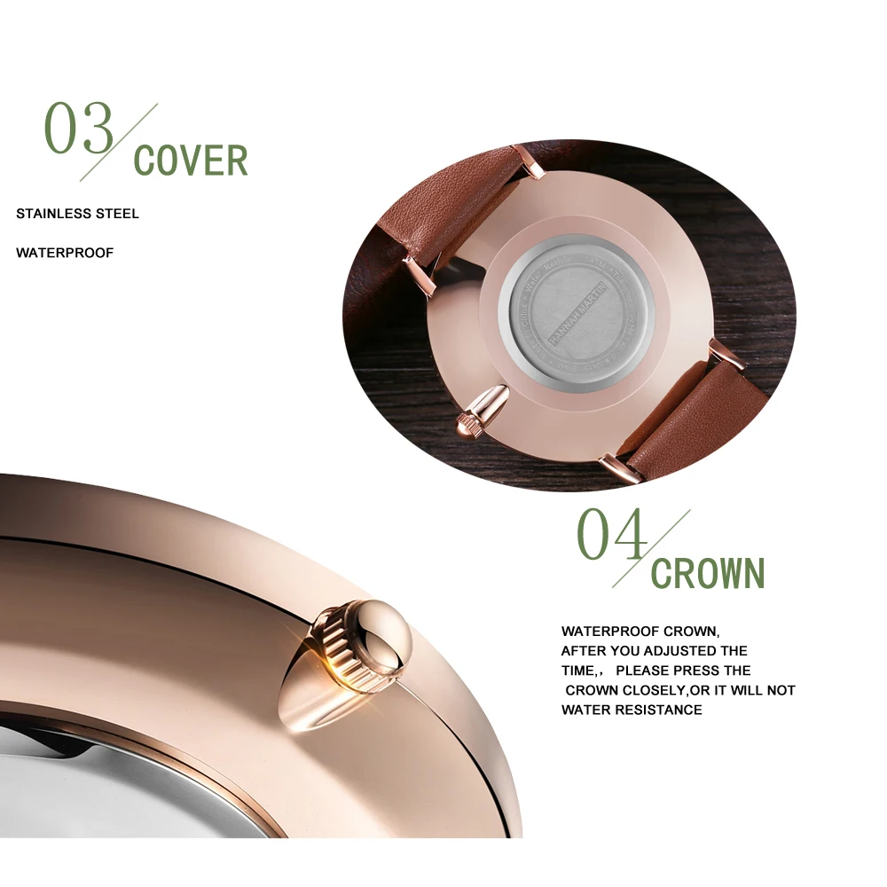 ハンナマーティン-男性用ピンクゴールドダイヤル腕時計,耐水性,高級ファッション,日本のクォーツムーブメント,革,高品質