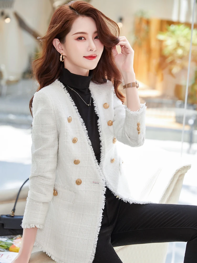 

Female Black White Plaid V-Neck Casual Blazer Women Ladies Autumn Winter Long Sleeve Single Breasted Coat Jacket
