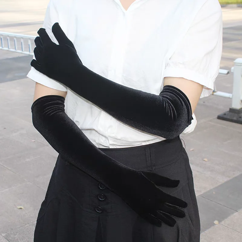 53CM Women Golden Velvet Long Gloves Black Retro Banquet Accessories Autumn Winter Warm Black Evening Dress Etiquette Gloves