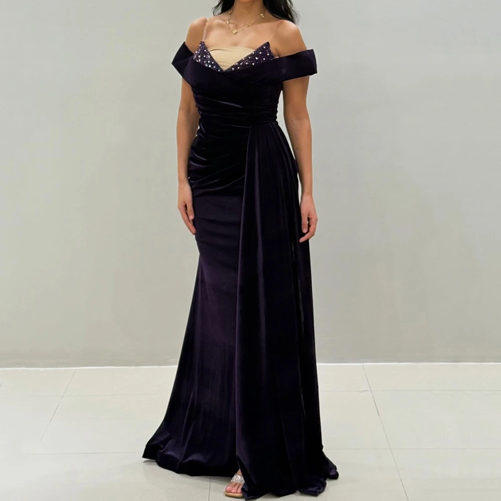 Customized A-line Evening Dresses Floor-length Off The Shoulder Sleeveless Prom Gown Fashion Crystal Simple Draped Party Gown