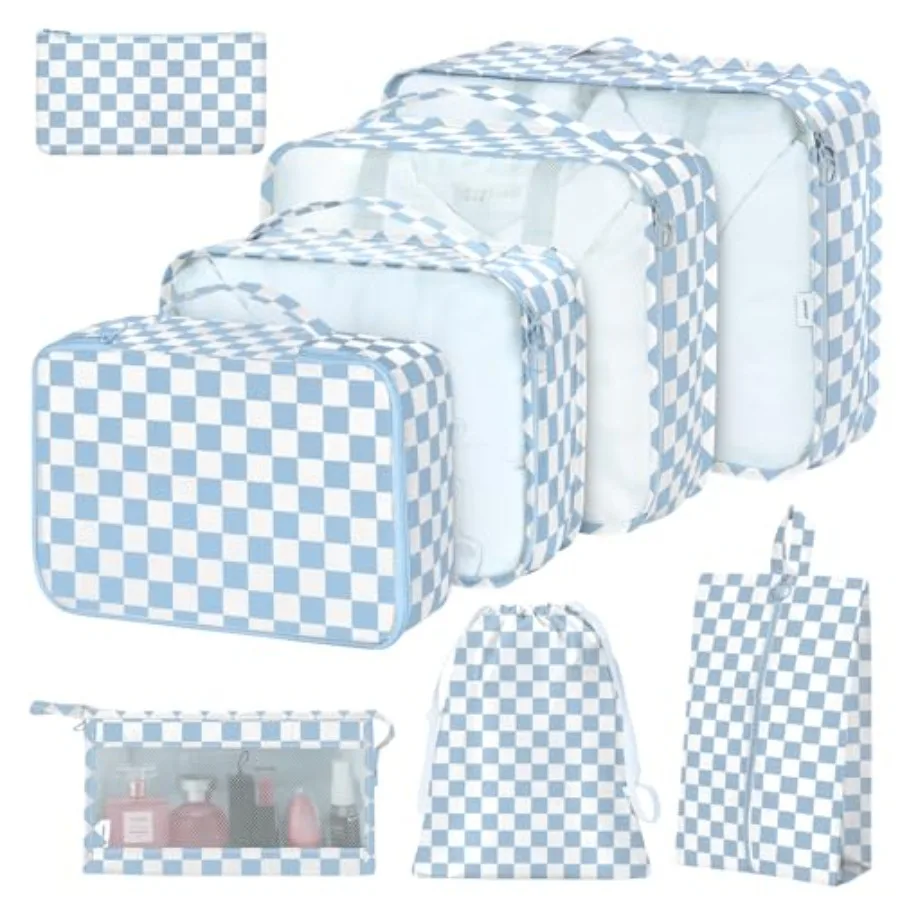 8 Set Packing Cubes for Suitcases with Shoe Bag Cosmetics Bag Clothing Bag Accessories Bags Travel Luggage Organizer Blue Check