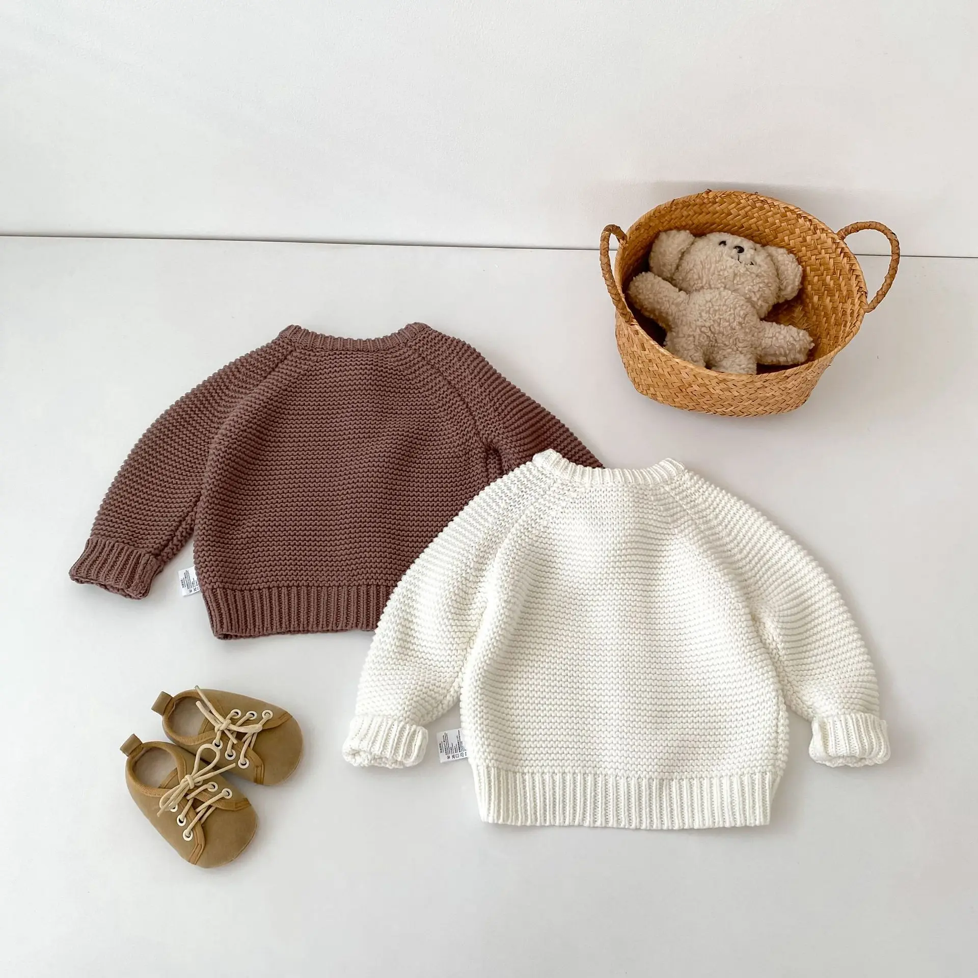 Autumn Cute Solid Color Knitted Long Sleeve Cardigan Sweater Coat Coarse Needle Round Neck Sweater