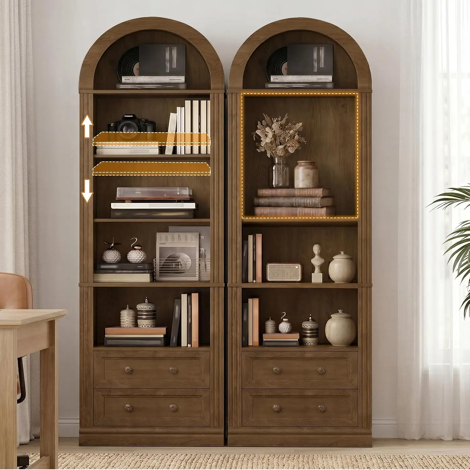 Arched Bookshelf with Drawers 7-Tier Narrow Tall Storage Display Unit, Customized