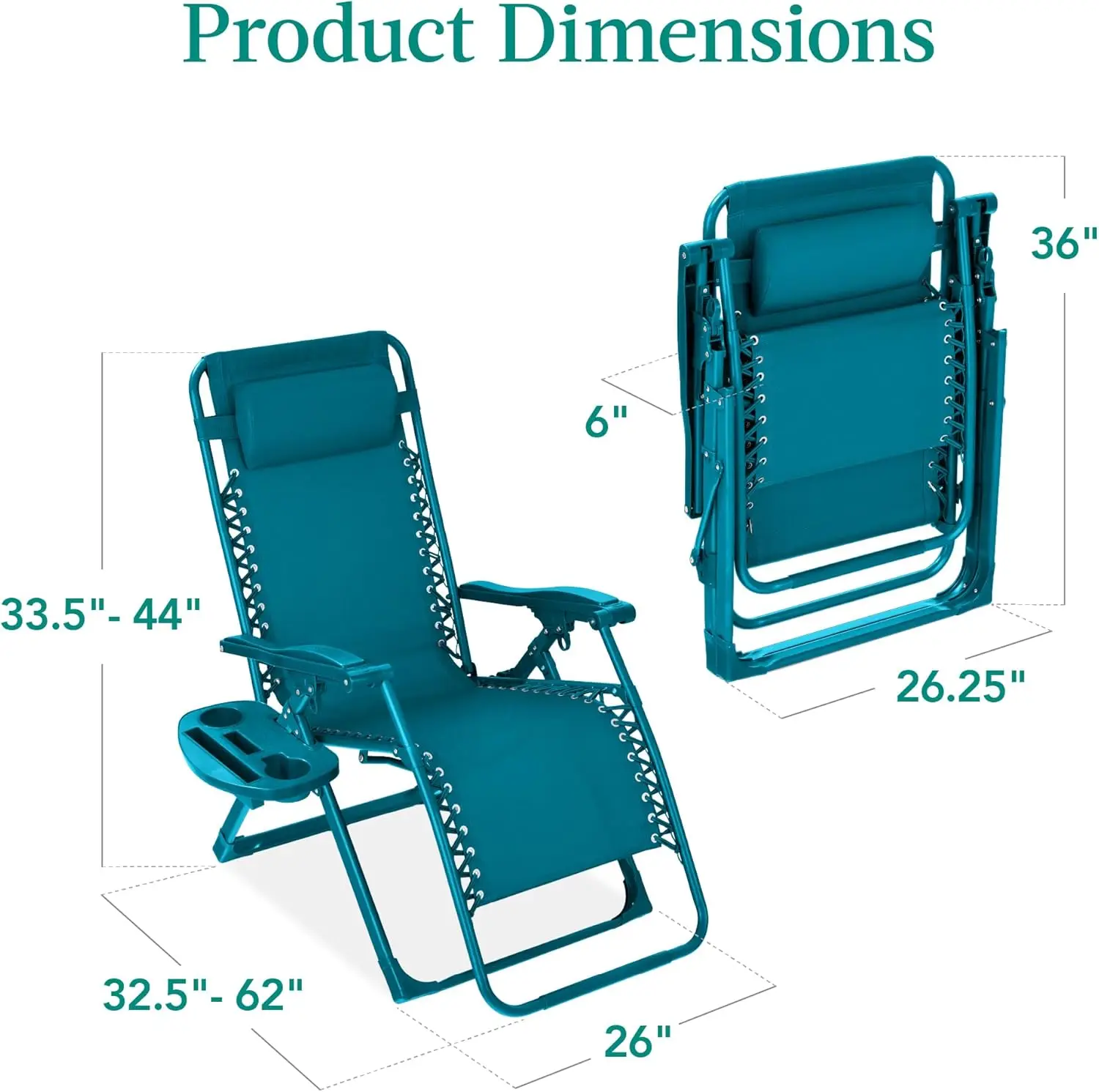 Adjustable Zero Gravity Chair, Monochromatic Color Folding Patio Recliner w/Side Tray, Headrest - Peacock