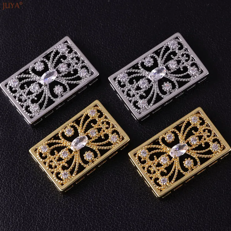 JUYA Luxury Zircon Copper Spacer Charm Hollow Flower Patten Connectors Components For DIY Fashion Jewelry Making Accessories