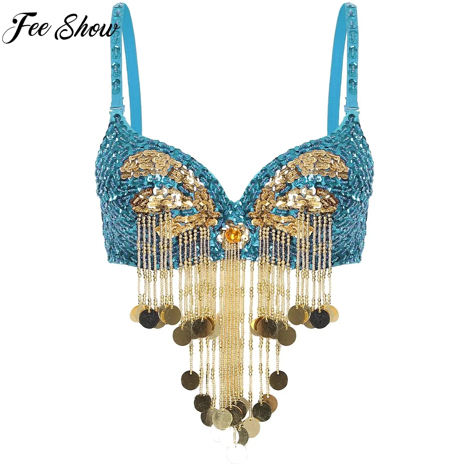 

Womens Belly Dance Costume Adjustable Straps Sequins Plastic Beaded Tassels Underwired Carnival Bra Tops for Halloween Party