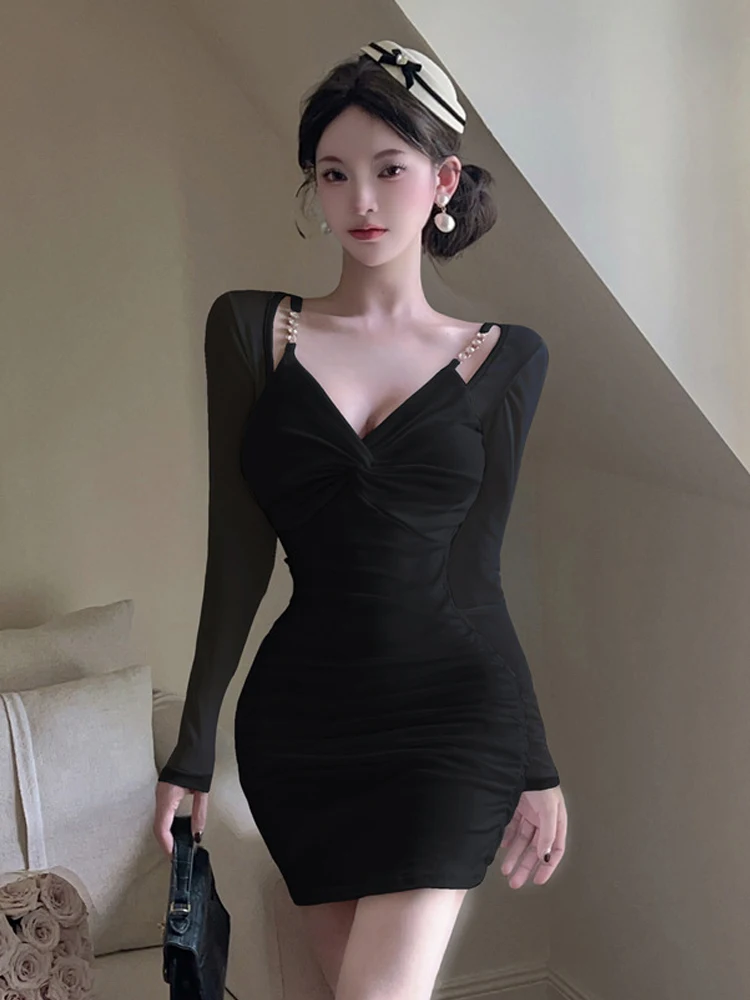 Ropa de mujer de malla transparente Sexy con tirantes y cuello en V pliegues ajustado Mini Vestido corto elegante señora Fiesta Club Vestidos de graduación moda Y2K nuevo