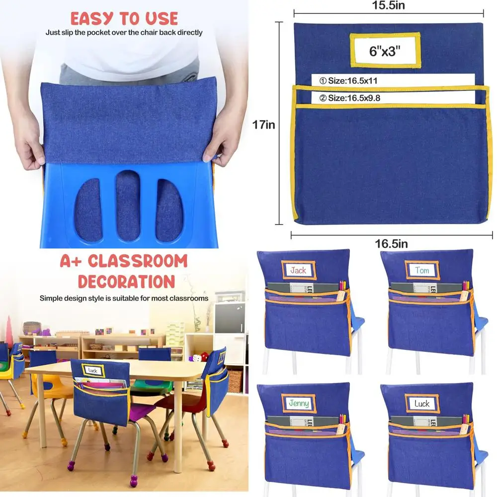 

Yellow Denim Classroom Chair Organizer with 16 Pockets and 2 Heavy-Duty Storage Pouches