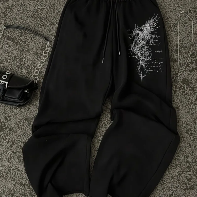 Street Dark Dragon Print Women's Pants, Straight Leg Loose Wide Leg Pants, Unisex Casual Sports Straight Leg Pants