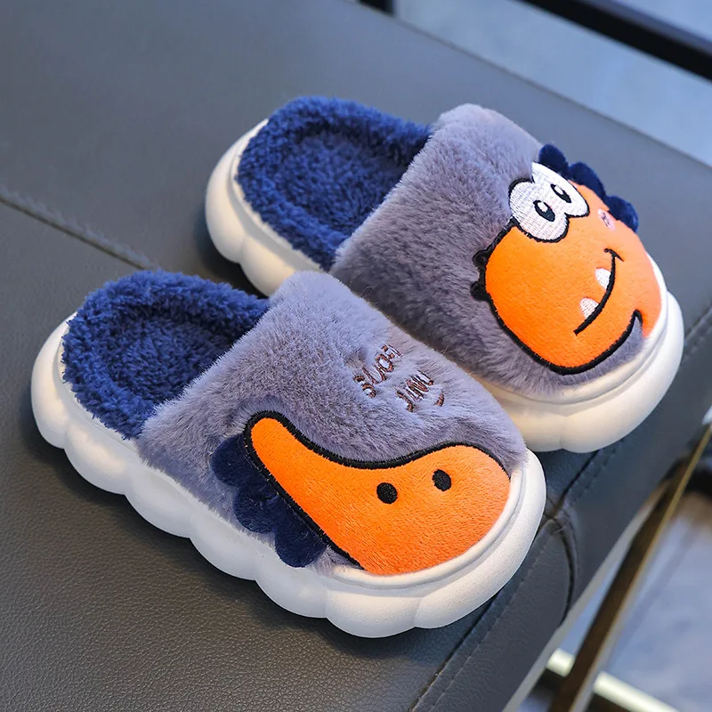 Kids Cartoon Dinosaur Plush Slippers Girls Winter Warm Fluffy Indoor Soft Fleece Lined Cute Animal Children Slippers