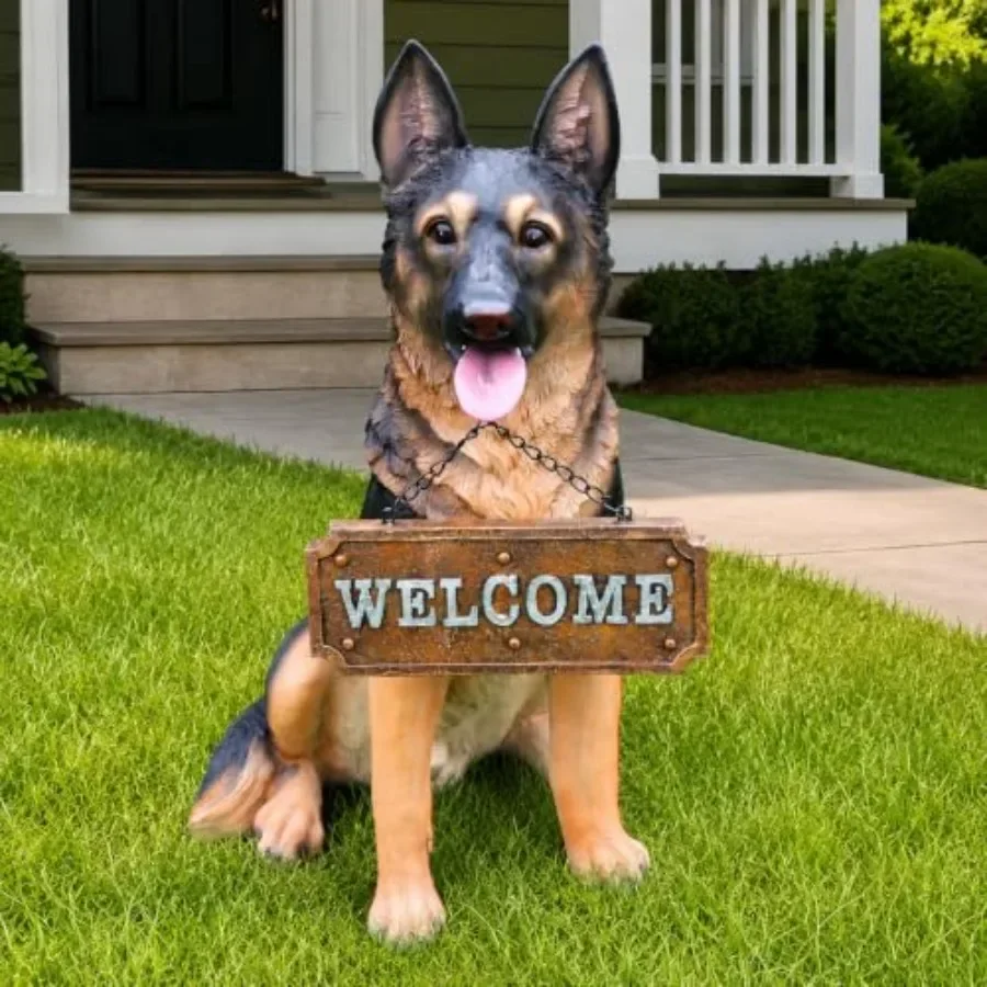 German Shepherd Garden Statue with Solar Lantern Reversible Sign Waterproof Resin, Brown/Black, Realistic Outdoor Decor for Yar