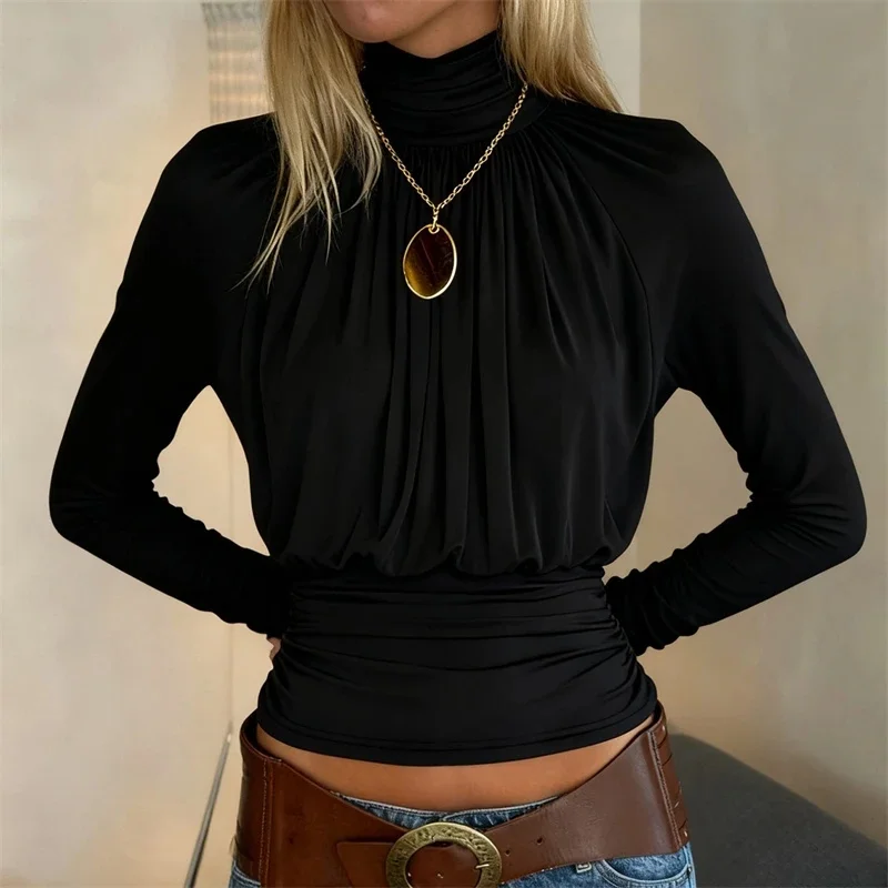 

Black High Neck Crop Long Sleeve Top Waist Cinching Slim Fit Gothic Club Party Halloween Outfit For Women Autumn Nightwear