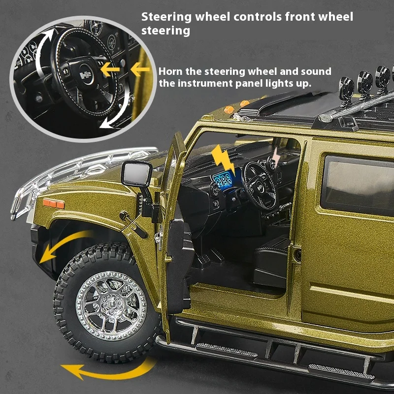 Large 1:18 H2 Alloy Off Road Car Diecast Metal Model Sound Light Pull Back Toy Collect Display Ornament Children Toy Gift