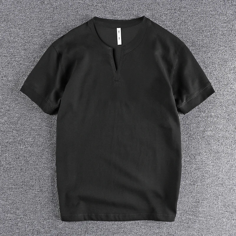 2025 Summer New American Retro Short Sleeve V-neck Solid Color T-shirt Men's Simple 100% Cotton Washed Casual Loose Sport Tops