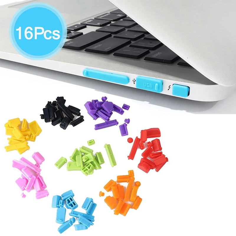 

16pcs/set Colorful Anti Dust Plug for Laptop Silicone Cover Stopper Laptop Dustproof Type C USB RJ45 Interface Waterproof Cover