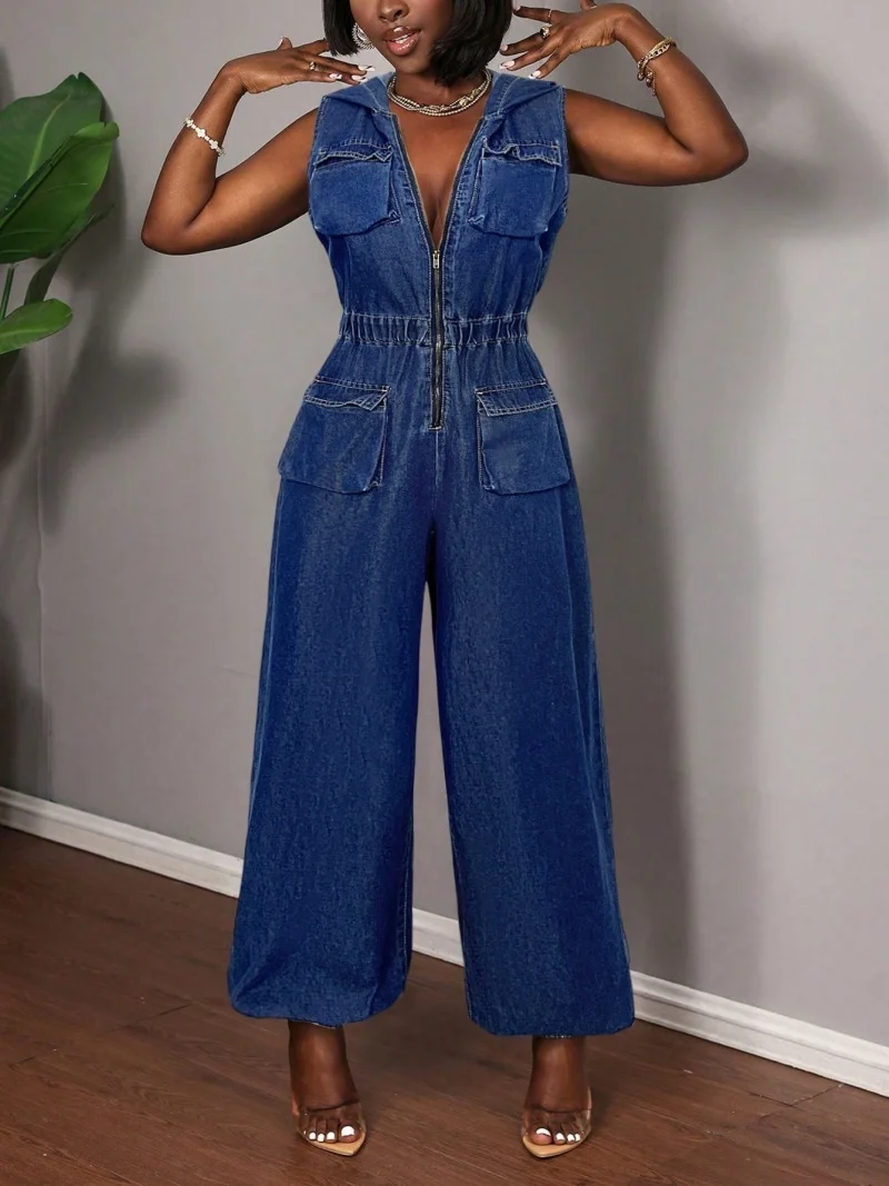 

Streetwear Denim Jumpsuits Summer Clothing Women Hoodies Sleeveless Straight Jeans Rompers Playsuits One Pieces Overalls Outfits
