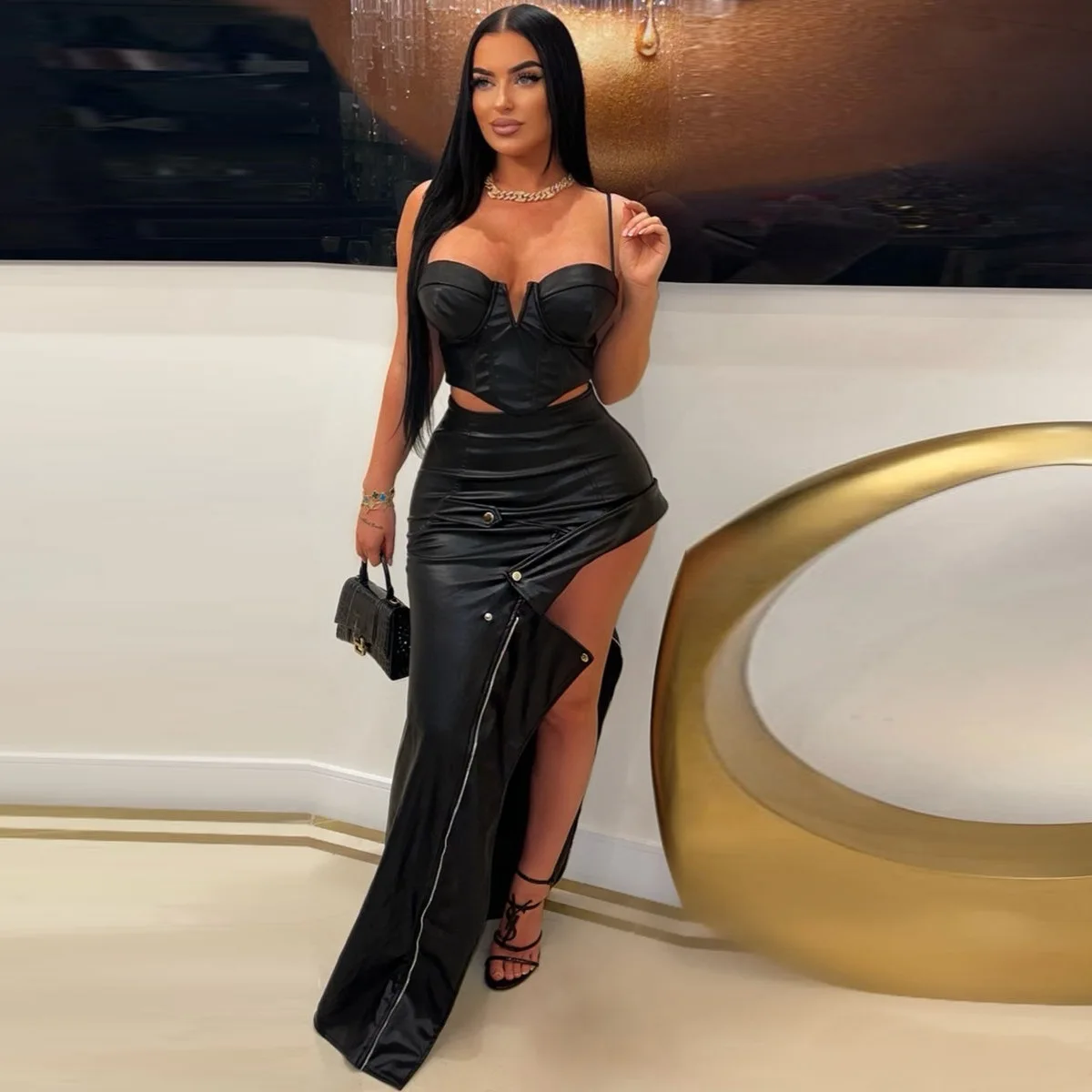 2026 Women's Faux Leather Spaghetti Strap Bustier Crop Top High Split Irregular Maxi Skirt Slim Fit Commute Two Piece Outfit Set