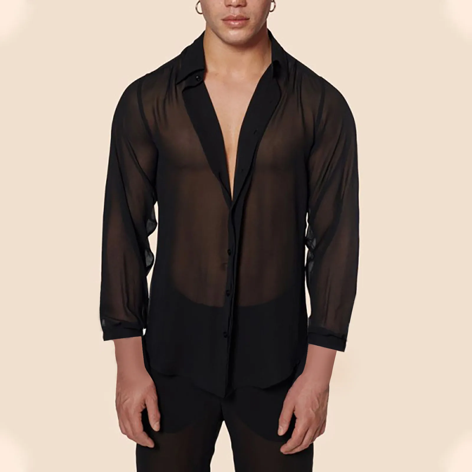 Camisas de malla Sexy para hombre, camisa transparente de manga larga de gran tamaño, camisas transpirables ultrafinas para club nocturno, primavera y verano