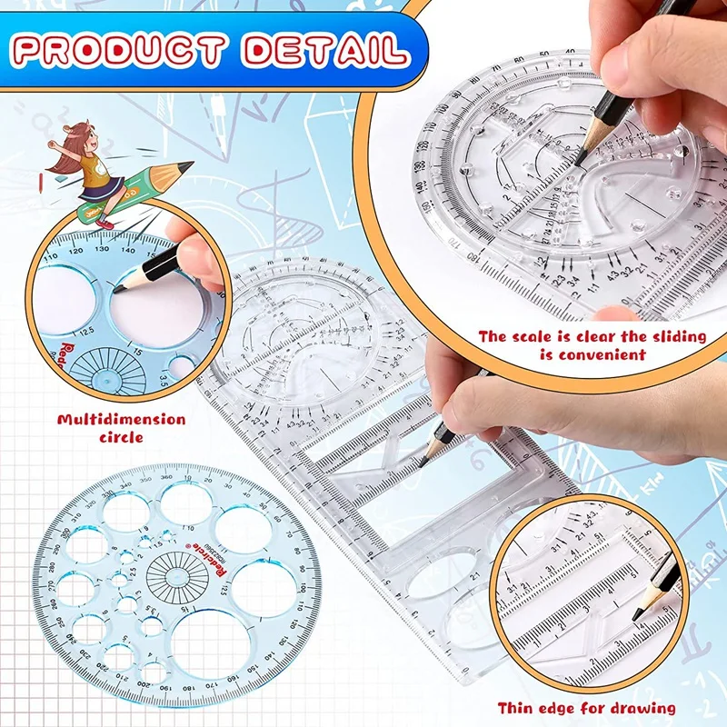 Régua geométrica multifuncional, Régua de desenho de plástico, Ferramentas matemáticas para estudantes, escolas e suprimentos de escritório, 4pcs