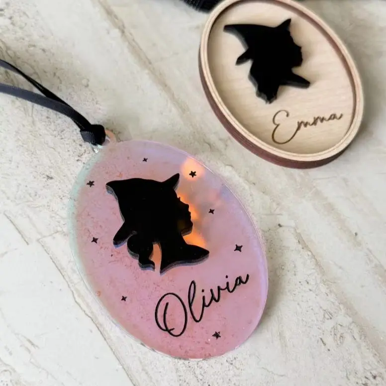 Custom Name Witch Silhouette Acrylic Tag ridescent Personalized Halloween Basket Label Pendant Boo Gift Basket Hanging Tag