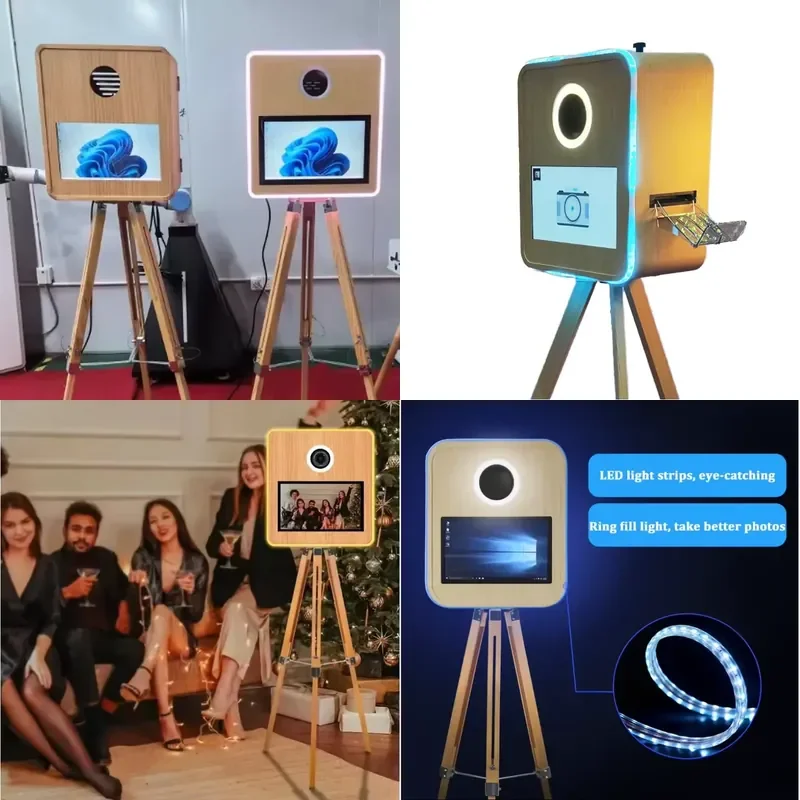 Portable Photo Booth with Printer Vintage Wooden Selfie DSLR Photo Booth for Instant Printing and Retro Style Photography