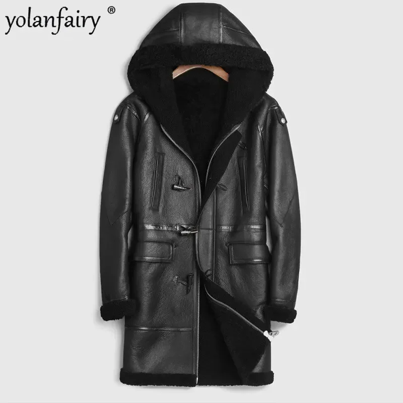 Original Natural Sheepskin Fur Coats Men's Genuine Leather Jacket Long Windbreaker Real Fur Lamb Fur Hooded Coat Winter Abrigos