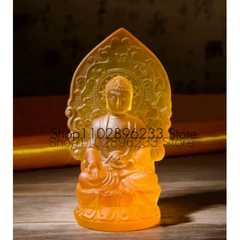 

4.9" Chinese Yellow Resin Buddhism Sit Lotus Shakyamuni Amitabha Buddha Statue