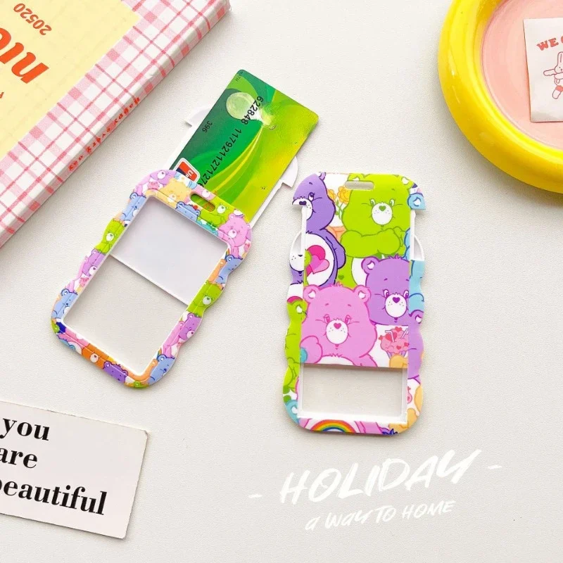 MINISO Carebear Wavy Long Rope Slide Cover Card Sleeve Student ID Card Sliding Card Sleeve Bus Access Control School Bag Pendant