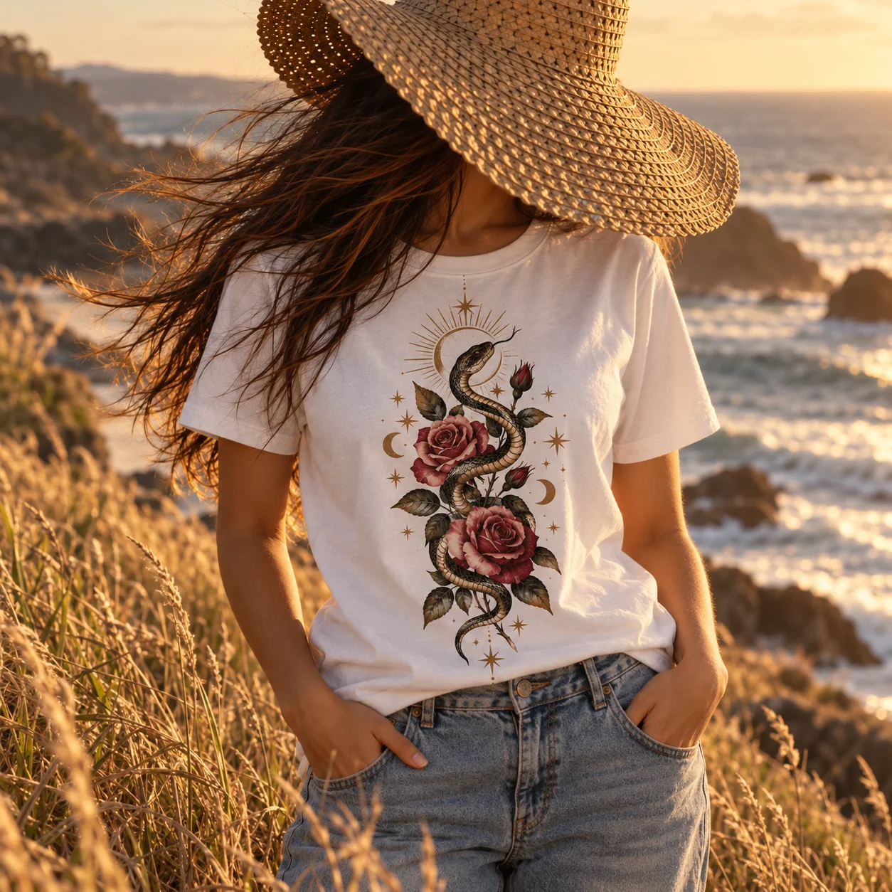 100% Cotton Retro Celestial Snake And Red Rose Print T Shirt, Soft Short Sleeve Top For Boho Festival Party
