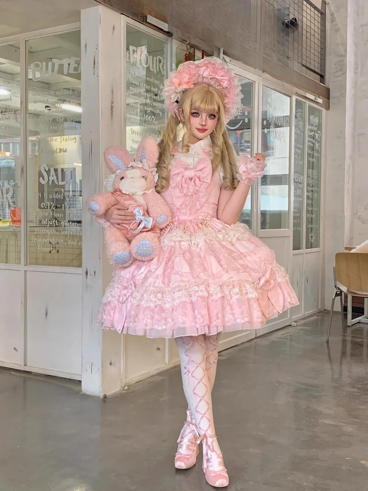 Industrie lourde magnifique princesse robe de fête d'anniversaire 3D arc perle chaîne dentelle épissage doux mignon rose Lolita robe courte femmes