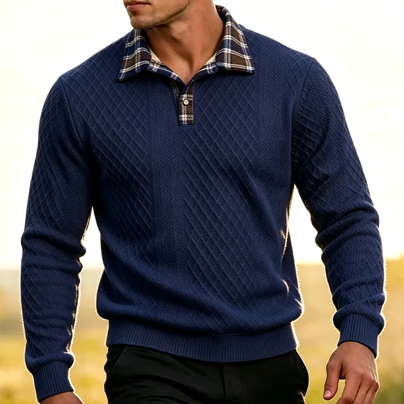 Men Color-coded Plaid Turn-down Collar Long Sleeve Casual Trendy Daily Basic Simple Pullover Sweatshirts Male Hoodie Top Clothes