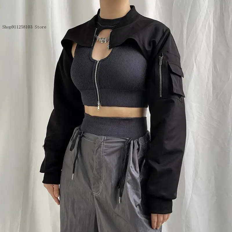 Outfits Streetwear Black Coat Korean Punk Style Super Cropped Jacket Zip Up Pocket Patchwork Cargo Jackets Women