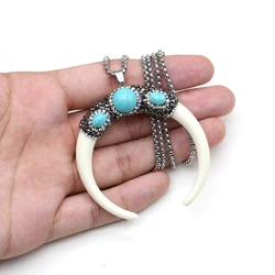 Natural Stone Horn Necklace Reiki Heal Turquoise Rhinestone Crescent Moon Pendant Stainless Steel Chain Boho Necklaces Jewelry