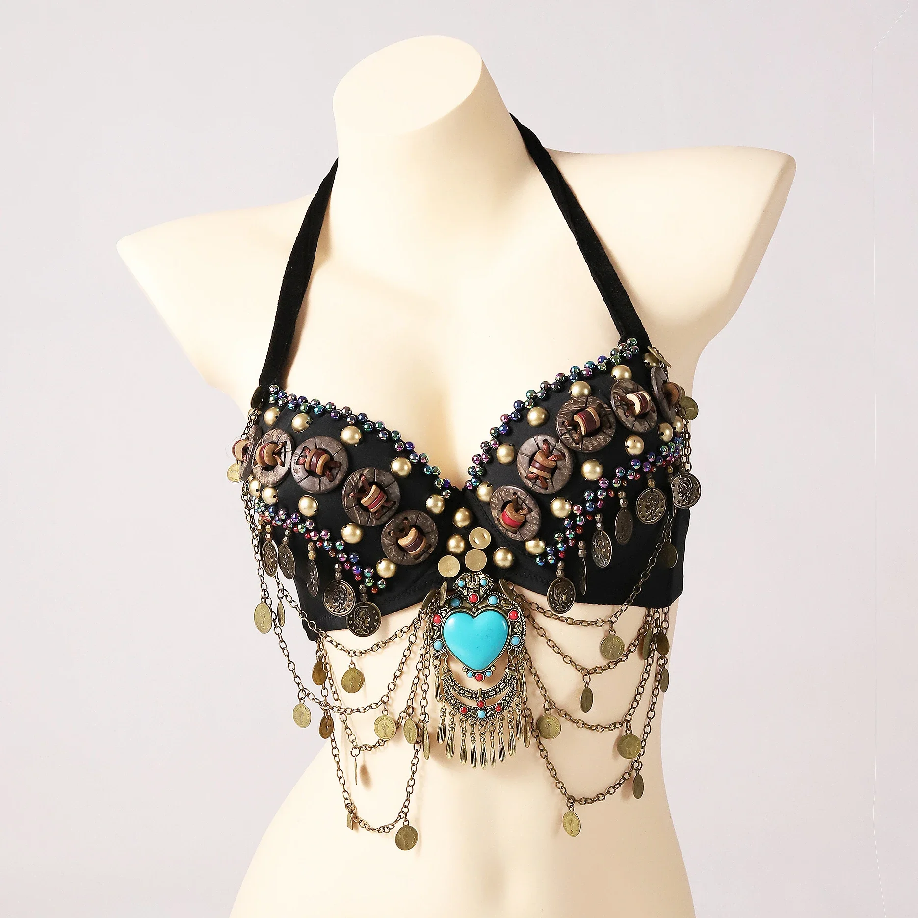 Vintage Gypsy Bra Tribal Belly Dance Push Up Bra Wooden Beads Top with Swags and Turquoise Medallion
