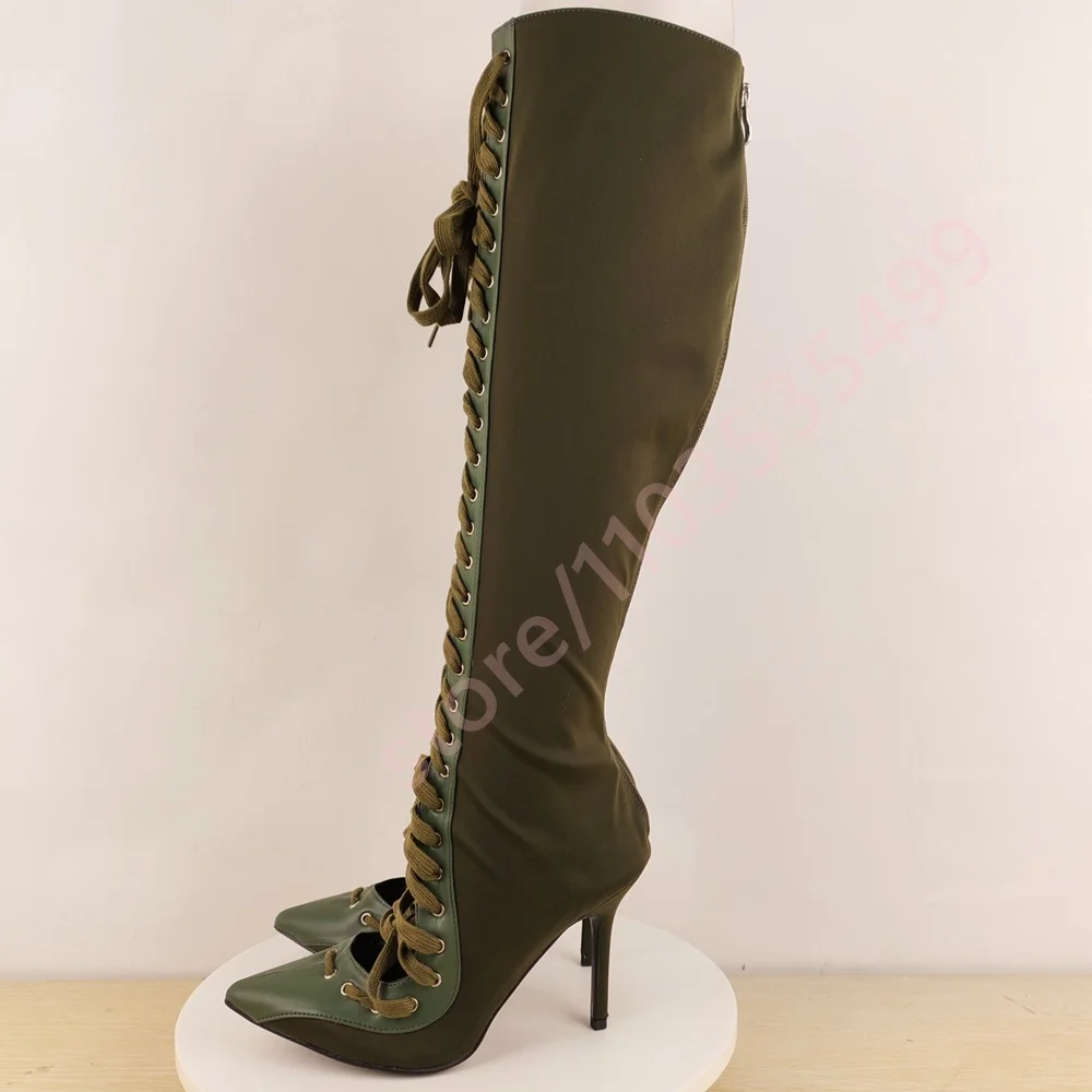 أشار تو الدانتيل متابعة مثير المرأة أحذية عالية في الركبة 2025 الخريف الرجعية المدرج خنجر الأحذية الأخضر/الرمادي حفلة حذاء طويل غير رسمي #5