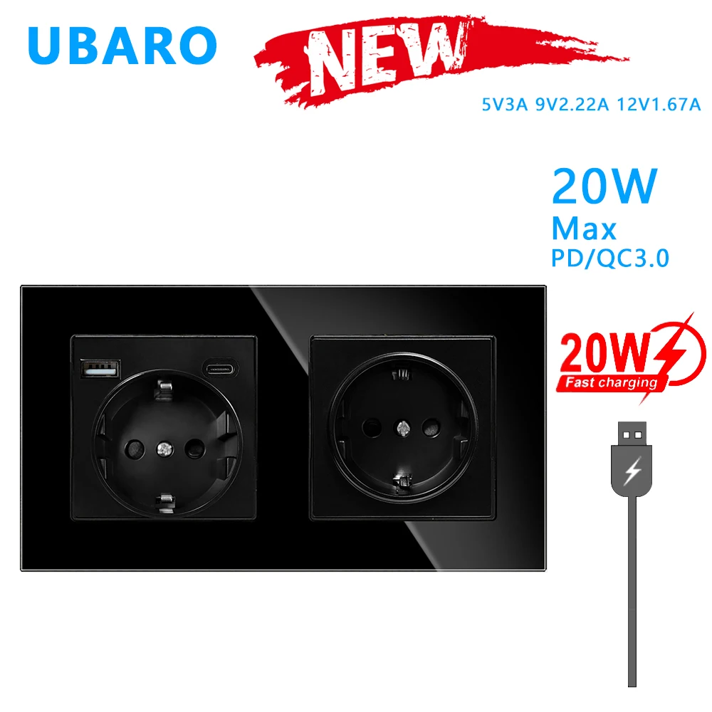 UBARO 153*82mm Tempered Glass Panel 5V3A Fast Charging USB Type C Wall Double Socket Home Power Outlet Built-in Socekts 250V 16A