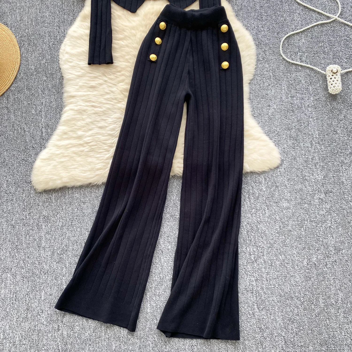 Autumn Elegant Slim Two Pieces Sets Women Metal Buckle O-Neck Sweater High Waist Wide Leg Pants Knitted Sets J414