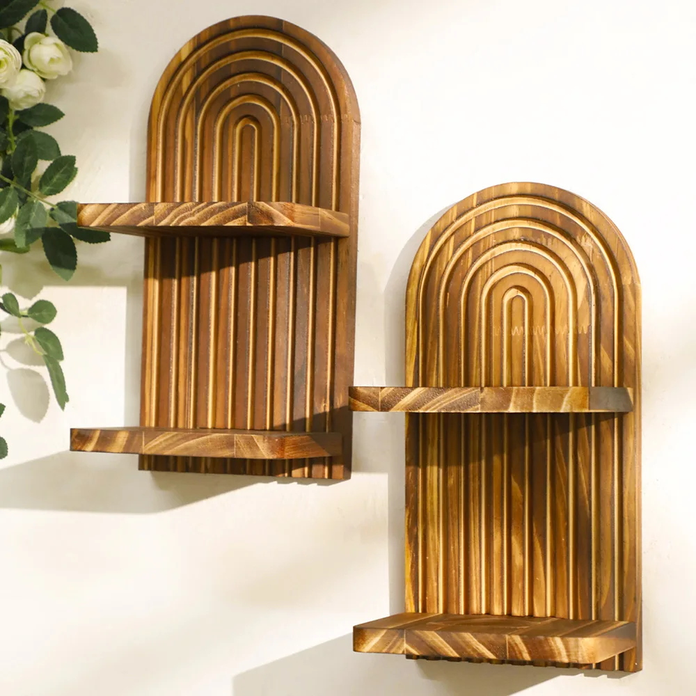 Creative Charred Wood Wall Mounted Storage Holder Door Shaped Floating Shelf Wooden Flower Pot Home Decors