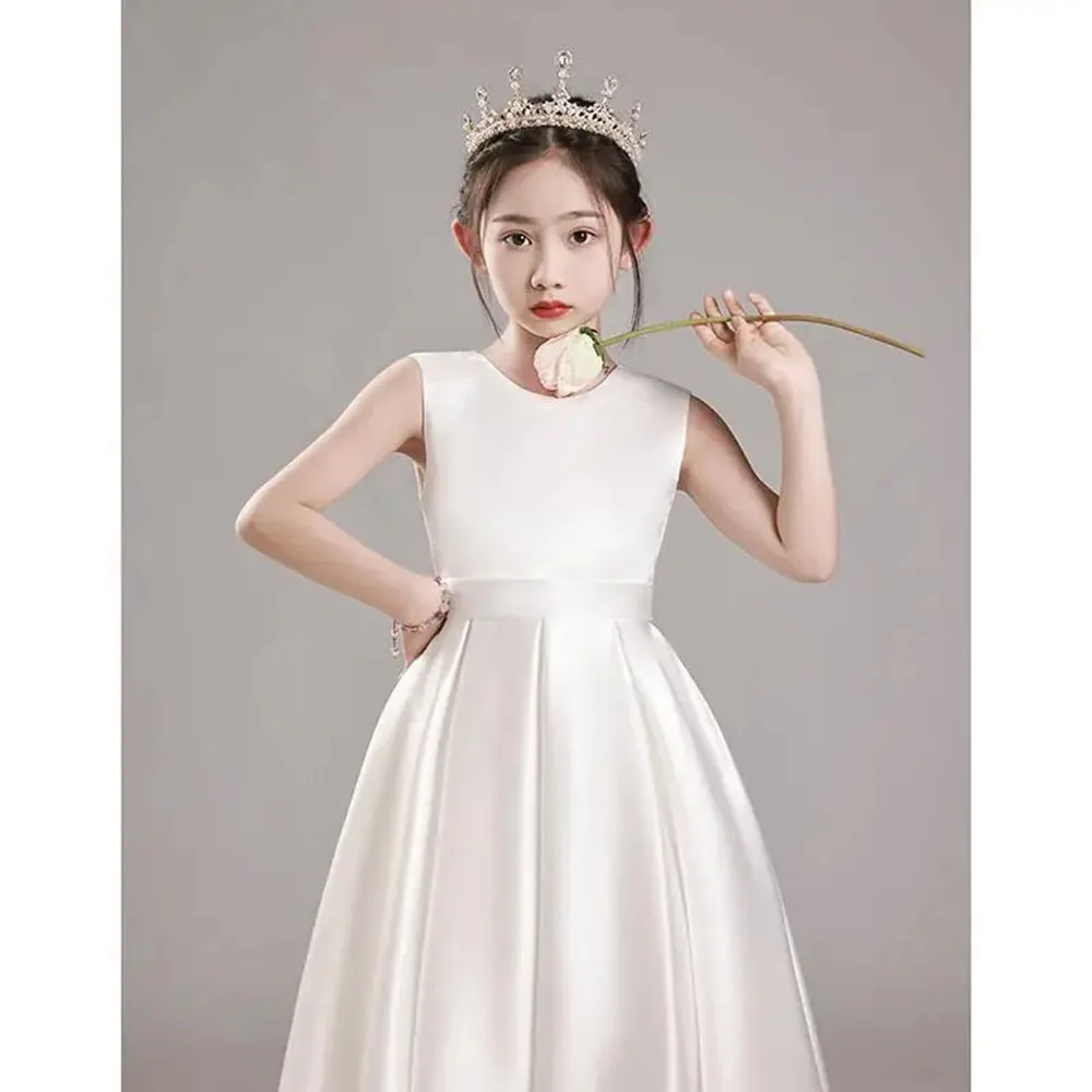 White Children's Dress/Girl's Princess Dress/Birthday Choir Recitation, Piano Performance/Satin/Custom Made
